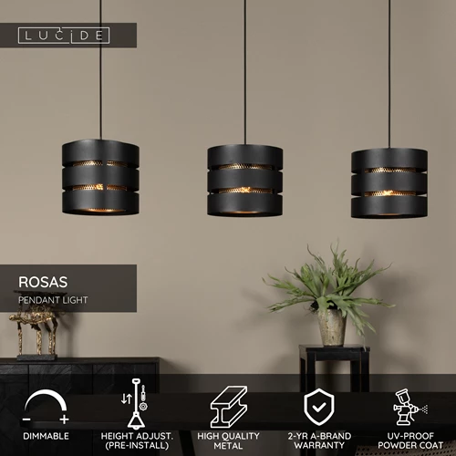 Lucide ROSAS - Pendant light - 3xE27 - Black - USP